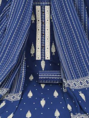 Unstitched blue screen printed suit set with printed bottom and printed dupatta. 1