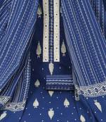 Unstitched blue screen printed suit set with printed bottom and printed dupatta.