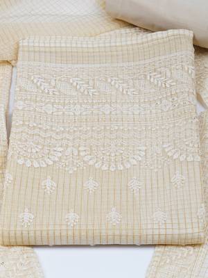 Unstitched chikankari suit set with kota-doria dupatta and plain bottom. 2