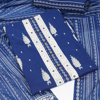 Unstitched blue screen printed suit set with printed bottom and printed dupatta. 2