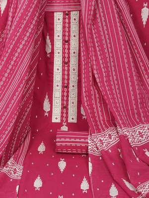 Unstitched pink screen printed suit set with printed bottom and printed dupatta. 1