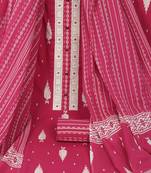 Unstitched pink screen printed suit set with printed bottom and printed dupatta.