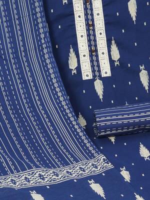 Unstitched blue screen printed suit set with printed bottom and printed dupatta. 3