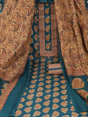 Unstitched printed suit set with traditional printed kota-doria dupatta and printed bottom. 1