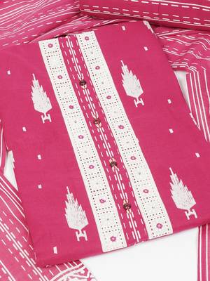 Unstitched pink screen printed suit set with printed bottom and printed dupatta. 2