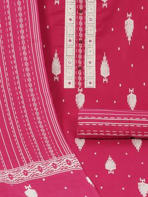 Unstitched pink screen printed suit set with printed bottom and printed dupatta. 3