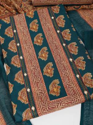 Unstitched printed suit set with traditional printed kota-doria dupatta and printed bottom. 2