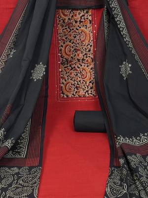 Maroon unstitched suit set with a mix-and-match yoke and handwork details block printed dupatta and plain bottom. 1