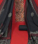 Maroon unstitched suit set with a mix-and-match yoke and handwork details block printed dupatta and plain bottom.