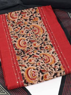 Maroon unstitched suit set with a mix-and-match yoke and handwork details block printed dupatta and plain bottom. 2