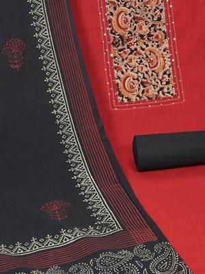 Maroon unstitched suit set with a mix-and-match yoke and handwork details block printed dupatta and plain bottom. 3