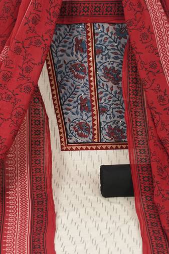 Unstitched beige ikat printed suit set with contrast block printed dupatta and plain bottom.