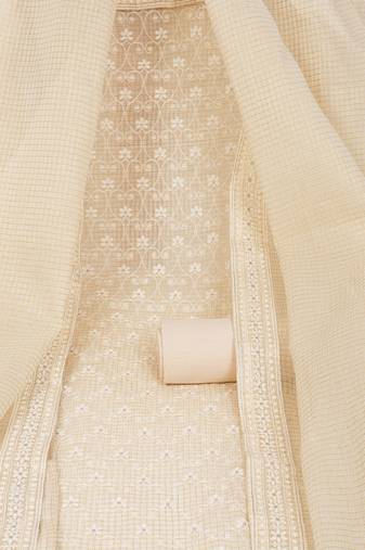 Unstitched suit set with kota-doria dupatta and plain bottom.