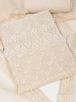 Unstitched suit set with kota-doria dupatta and plain bottom. 2
