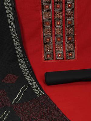 Maroon unstitched suit set with a mix-and-match yoke and handwork details with printed dupatta and plain bottom. 3