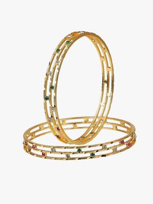 Women gold-plated multi stone-studded set of two bangles 4