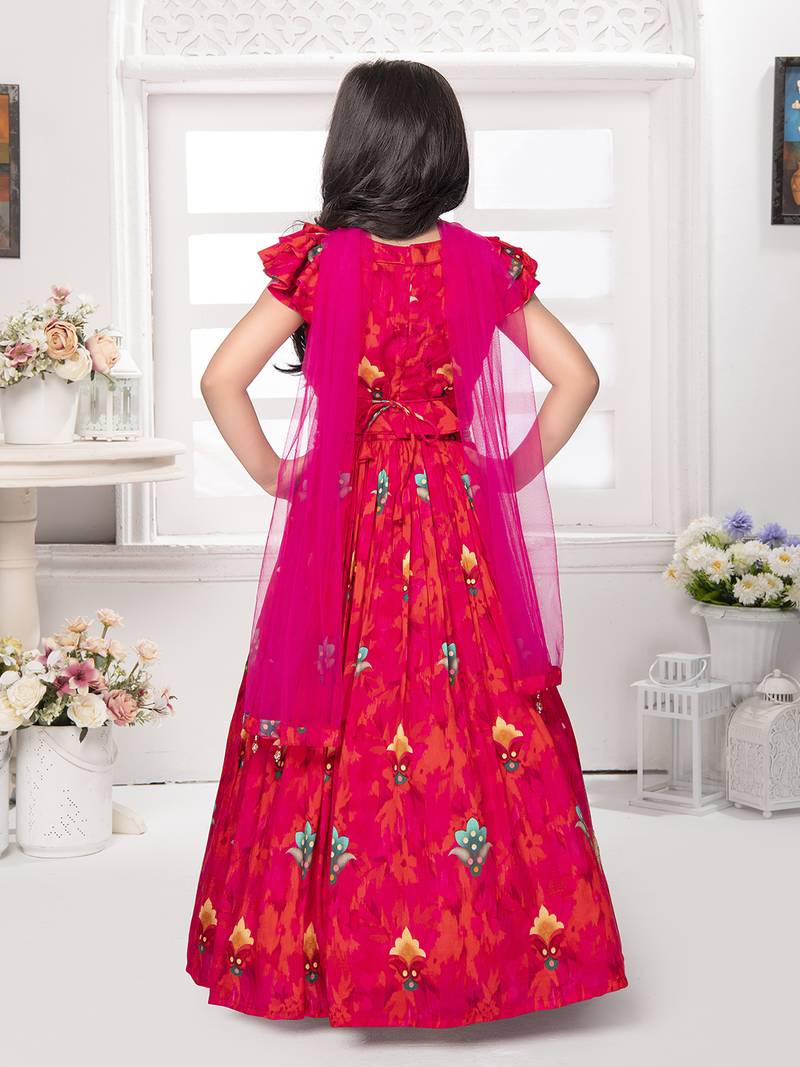 Tiny kingdom tomato colored printed sequins polyester fabric lehenga choli set