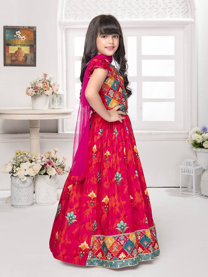 Tiny kingdom tomato colored printed sequins polyester fabric lehenga choli set