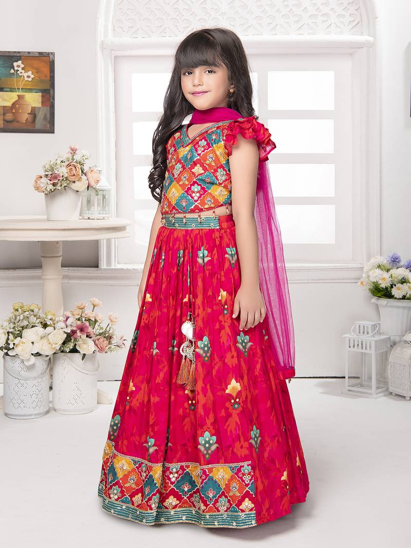Tiny kingdom tomato colored printed sequins polyester fabric lehenga choli set