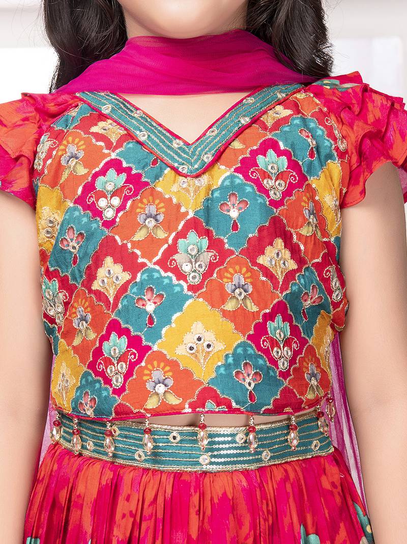 Tiny kingdom tomato colored printed sequins polyester fabric lehenga choli set