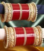 Women gold plated curry design red bridal stone wedding chuda