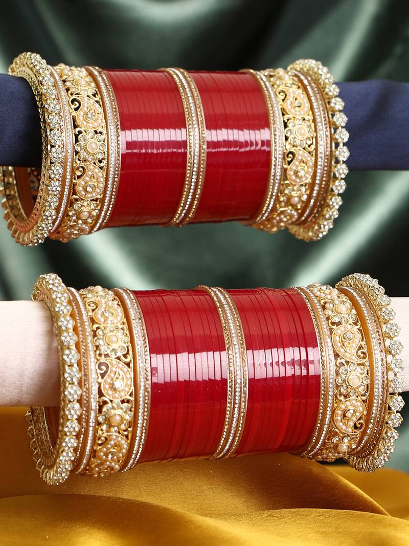 Women gold plated curry design red bridal stone wedding chuda