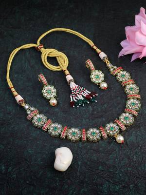 Women gold plated stone studded pearl tessel necklace and earrings 1