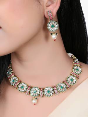 Women gold plated stone studded pearl tessel necklace and earrings 2