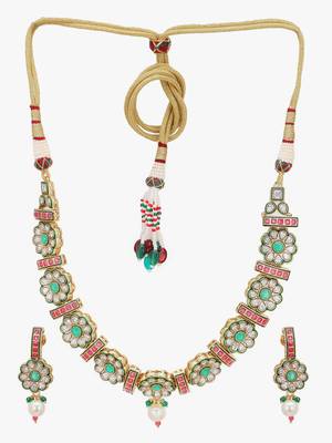 Women gold plated stone studded pearl tessel necklace and earrings 3