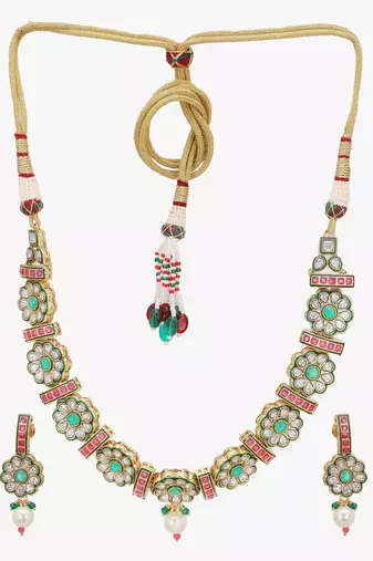 Women gold plated stone studded pearl tessel necklace and earrings