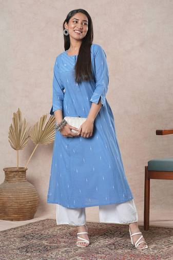 Woven a-line kurta with hand embroidered placket and sleeve border.
