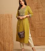 Straight fit kurta with hand block printed yoke and mirror details.