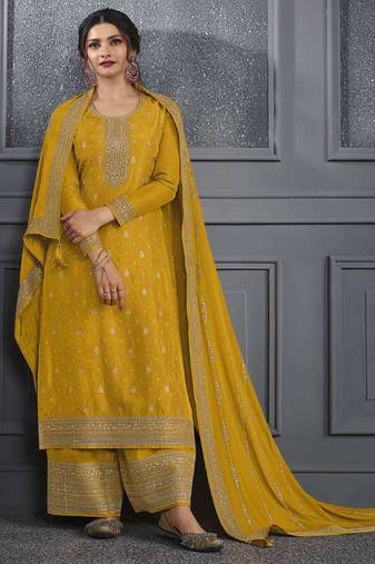 Yellow jacquard embroidery designer plazzo suit
