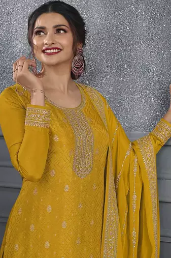 Yellow jacquard embroidery designer Palazzo suit