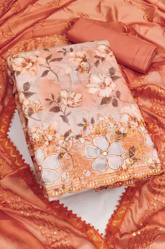 Orange Cambric Cotton Embroidered Unstitched Dress Material