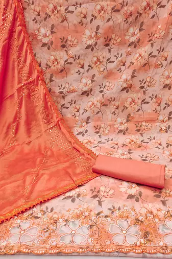 Orange Cambric Cotton Embroidered Unstitched Dress Material