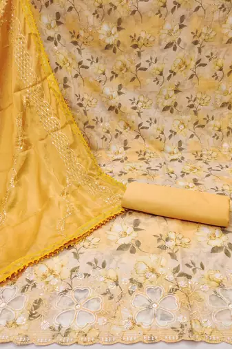 Yellow Cambric Cotton Embroidered Unstitched Dress Material