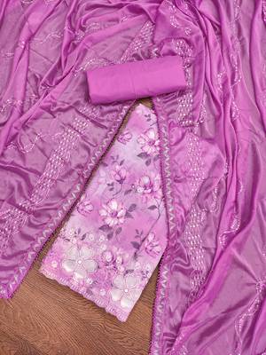 Purple Cambric Cotton Embroidered Unstitched Dress Material 1