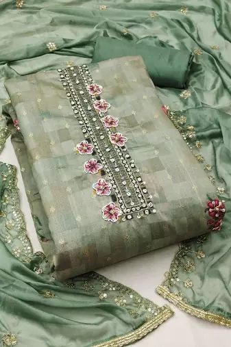 Green Cotton Unstitched Dress Material