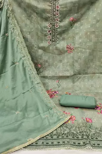 Green Cotton Unstitched Dress Material