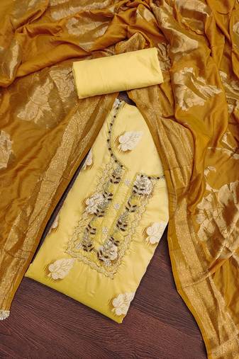 Yellow Cotton Hand Work Unstitched Dress Material