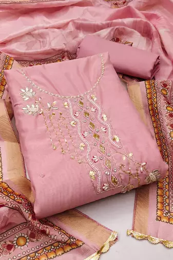 Pink Cotton Hand Work Unstitched Dress Material