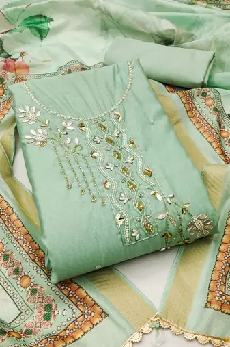 Pista Cotton Hand Work Unstitched Dress Material