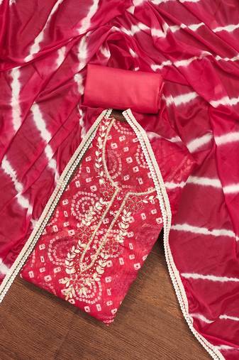 Red Cotton Bandhani Printed Unstitched Dress Material