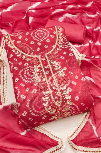 Red Cotton Bandhani Printed Unstitched Dress Material