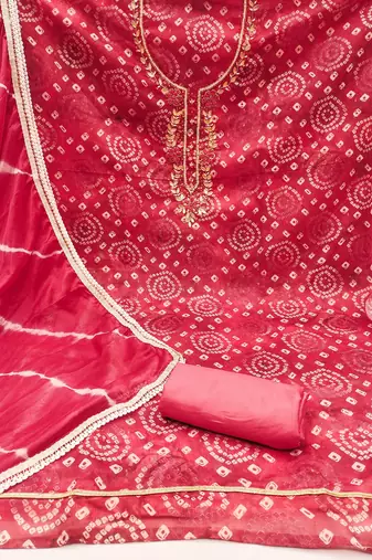 Red Cotton Bandhani Printed Unstitched Dress Material