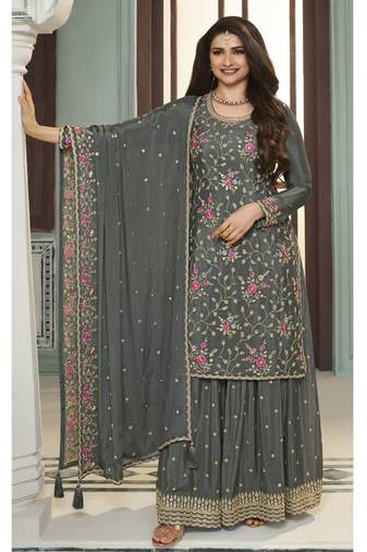 Grey chinon embroidered designer sharara suit
