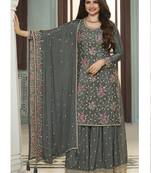 Grey chinon embroidered designer sharara suit
