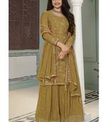 Yellow chinon embroidered designer sharara suit