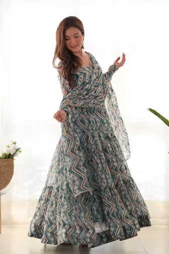 Fox Georgette Zigzag Print Fabric Fully Flair Anarkali Kurti With Dupatta Pent